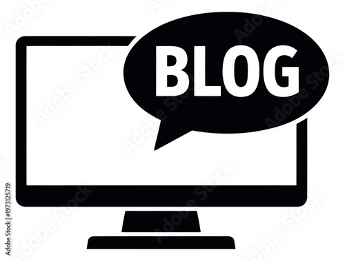 Graphic illustration of a computer monitor depicting a blog speech bubble for online content creation