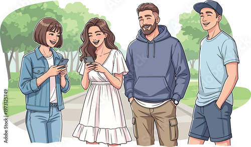 Friends gathering outdoors share digital content on their modern.