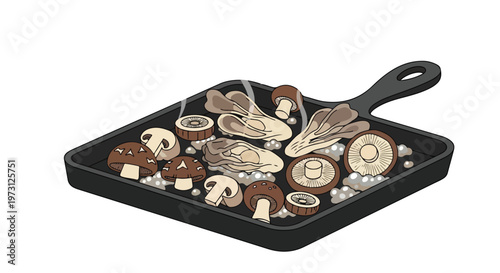 Delicious assorted mushrooms sizzling in a cast iron skillet with steam rising, a culinary delight captured in a stylized illustration
