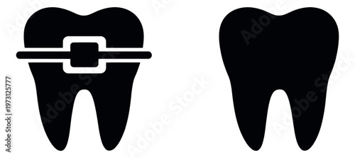 Minimalist tooth icon set featuring a tooth with dental braces and a healthy tooth for dentistry