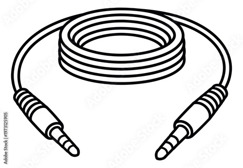 Line art illustration of an audio jack cable depicting coiled wire for connecting electronic devices