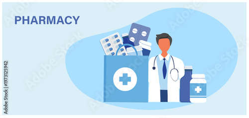 Pharmacist holding medicine bag for disease treatment. pharmacy and medical treatment. Vector illustration