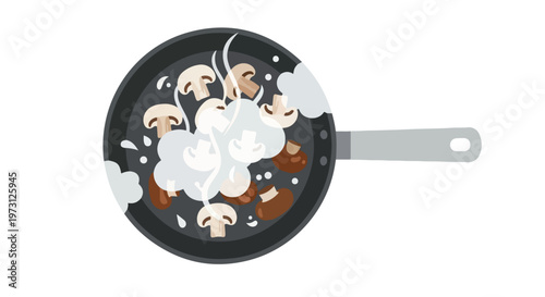 Steaming mushrooms sizzling in a black frying pan, culinary preparation, healthy cooking, delicious vegetarian dish, home-style meal, preparation of