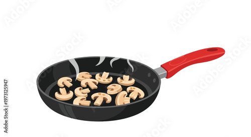 Delicate sliced mushrooms sizzling in a pan with steam rising, a simple yet appetizing culinary scene captured in a stylized illustration