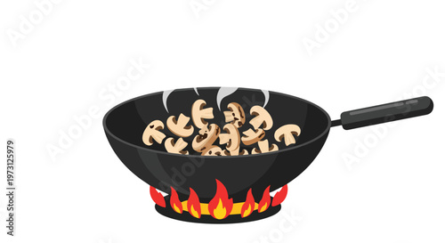Steaming Sliced Mushrooms Being Sautéed in a Wok Over Lively Flames with Wisps of Steam Rising