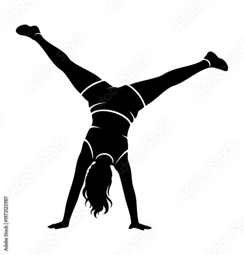 teen girl silhouette with natural body shape doing cartwheel. Silhouette of gymnast performing handstand split, representing flexibility, balance, strength, acrobatics, yoga fitness