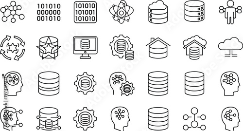 Modern data technology line icons set featuring database, cloud computing, artificial intelligence, network systems, storage, analytics, and digital infrastructure concepts