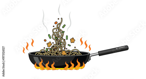 Stylized illustration of steaming noodles being tossed and cooked in a wok over vibrant flames, capturing the essence of dynamic culinary preparation