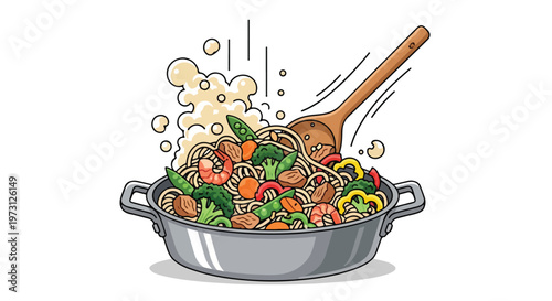 Vibrant illustration of a steaming wok full of delicious noodles, shrimp, and vegetables being stirred with a wooden spoon