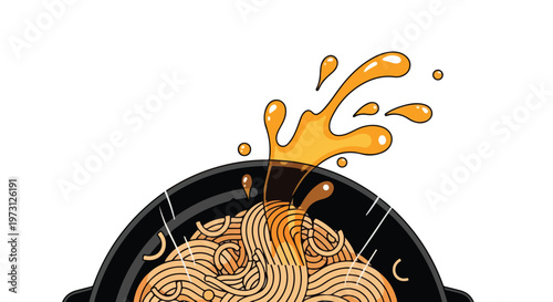 Vibrant noodle splash illustration with a black bowl and golden sauce, evoking culinary delight and appetizing visuals