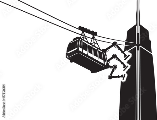 Cable car, ski lift, mountain transportation, winter sports, monochrome vector