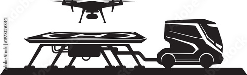 Drone, trailer, and RV vector silhouette, recreational vehicle, drone transport, camping equipment