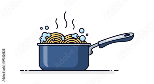 Wholesome Spaghetti Boiling in a Blue Pot with Steaming Bubbles and Swirling Vapor on a Minimalist White Background