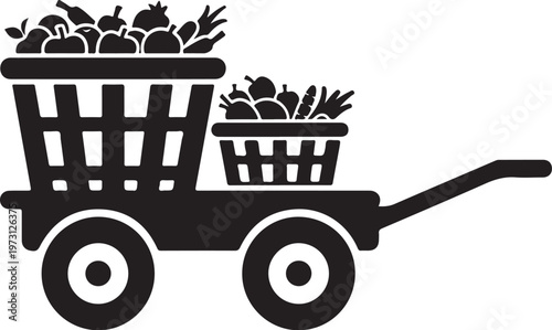 Black silhouette shopping cart, vegetable basket icons, grocery cart, farm fresh produce