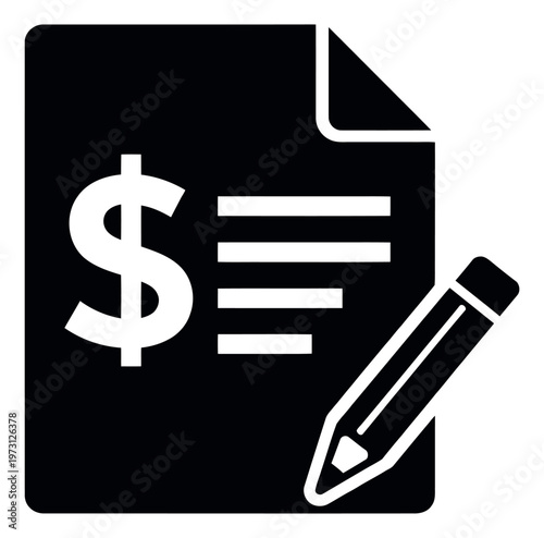 Solid illustration of a financial document depicting a dollar sign and lines with a pencil for financial management
