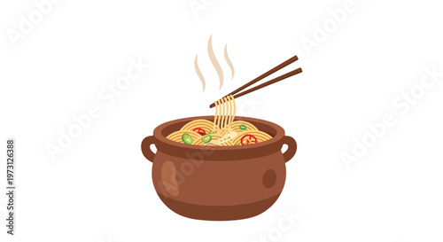 A steaming bowl of flavorful noodles presented with chopsticks against a pristine white background for culinary themes