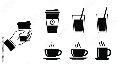 Collection of various coffee and drink beverage icons featuring disposable cups and glasses