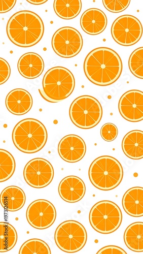 Repeating pattern of sliced orange citrus fruit on a bright white backdrop, accented with small circular dots and simple design
