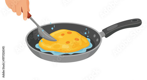 Culinary preparation of a savory omelet in a frying pan, sizzling with delightful culinary action