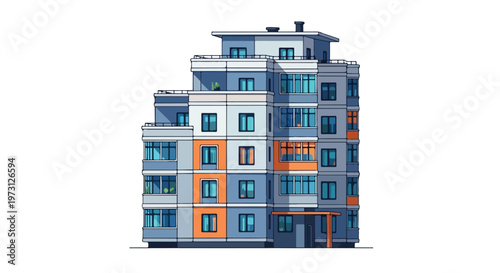 Stylized residential apartment building illustration with multiple floors and varied window designs depicting modern urban living