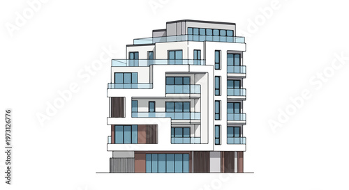 Modern Residential Building Design Sketch with Multiple Balconies and Large Windows Showcasing Contemporary Architectural Styles