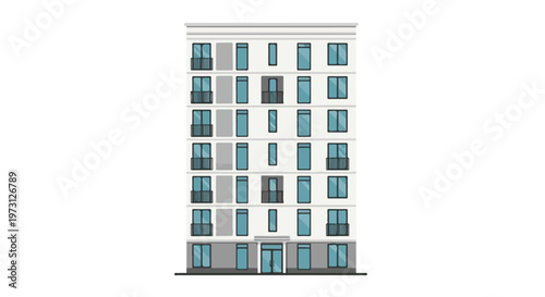 Modern residential apartment building facade illustration with multiple balconies and windows set against a white background