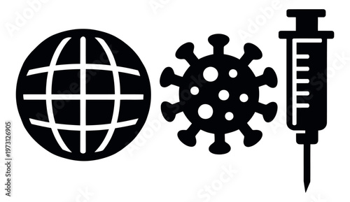 Modern icon global health set featuring a globe, a virus, and a syringe for pandemic awareness