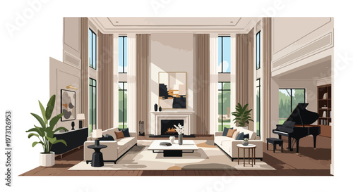 Elegant modern living room interior with grand piano, fireplace, and plush sofas, bathed in natural light