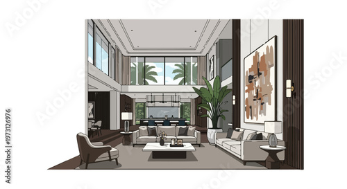 Elegant and Modern Double-Height Living Room Design with Large Windows and Abstract Art