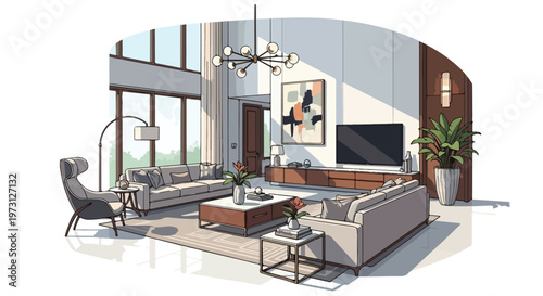 Modern living room interior design sketch featuring comfortable seating and a large television set for relaxation and entertainment, bathed in