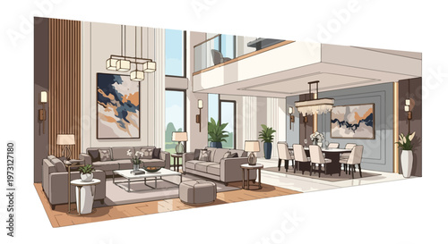 Modern open-plan living and dining room interior design with artistic accents and elevated mezzanine