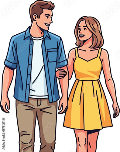 Smiling couple walks arm in arm outdoors during a pleasant day.