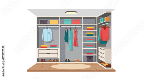 Organized walk-in closet with neatly arranged clothes, shoes, and storage boxes, showcasing modern home interior design elements