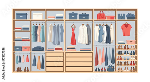 Neatly Organized Wardrobe Featuring Hanging Clothes Folded Garments Storage Boxes Shoes and Handbags