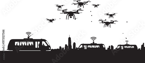 Drone Surveillance Cityscape, Futuristic Urban Skyline, Black Silhouette Illustration, Modern Technology Concept