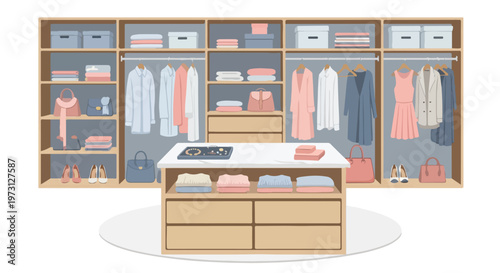 Organized walk-in closet displaying neatly arranged clothing, accessories, and storage solutions with a central island