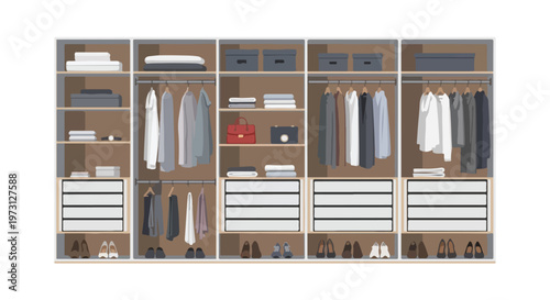 A comprehensive organized walk-in closet showcasing neatly arranged clothing, accessories, and storage solutions