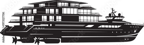 Luxury yacht, modern boat, black silhouette, vector illustration, nautical design, transportation