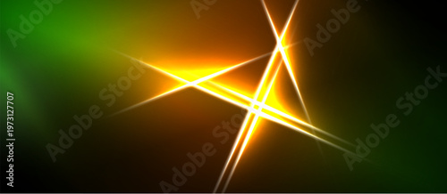 Bright light flares radiate from center. Gradient transitions between green, yellow, orange hues dominate composition. Dark background contrasts vivid illumination.