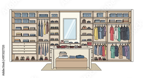 Organized Walk-In Closet Design with Hanging Clothes Shoes Boxes and Mirror Central Feature