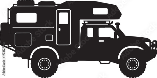 Camper truck, recreational vehicle, RV, vector silhouette, black illustration