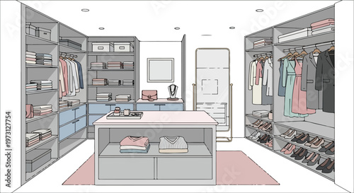 A meticulously designed walk-in closet featuring a central island, organized shelving units, and a full-length mirror, presented as a clean