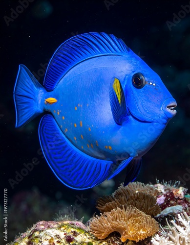 Close-up of a vibrant blue fish with yellow accents swimming over a colorful coral reef in a dark, aquatic environment