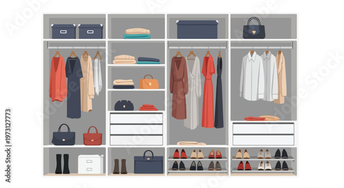 Organized contemporary closet with neatly arranged apparel handbags footwear and folded textiles providing a clean aesthetic