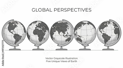 Global perspectives vector greyscale illustration featuring five unique Earth views, continents and oceans, modern world map design, educational decorative vector art collection for geography