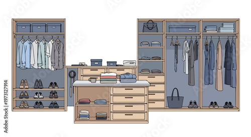 Organized walk-in closet illustration showcasing neatly arranged clothing, shoes, and storage solutions in a sketched style