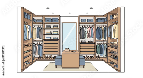 Luxurious walk-in closet illustration featuring organized clothing storage, shoe racks, and a central dressing island with ample space for apparel