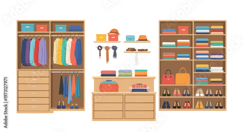 Organized Closet and Wardrobe Display Featuring Apparel Accessories and Footwear Options