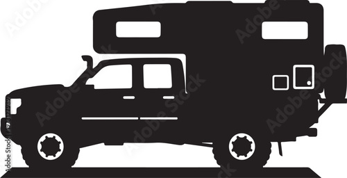 Black RV, camper truck, motorhome silhouette, vehicle icon, travel trailer