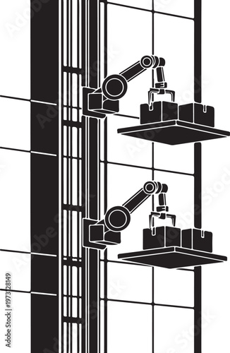 Industrial robotic arms, mechanical assembly line, factory automation, black and white vector illustration